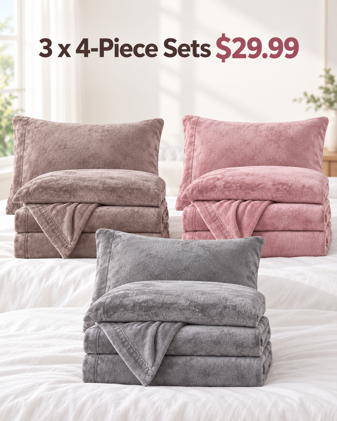 3 sets taupe rose gray 4 piece velvet plush flannel sheet bundle 29.99 USD