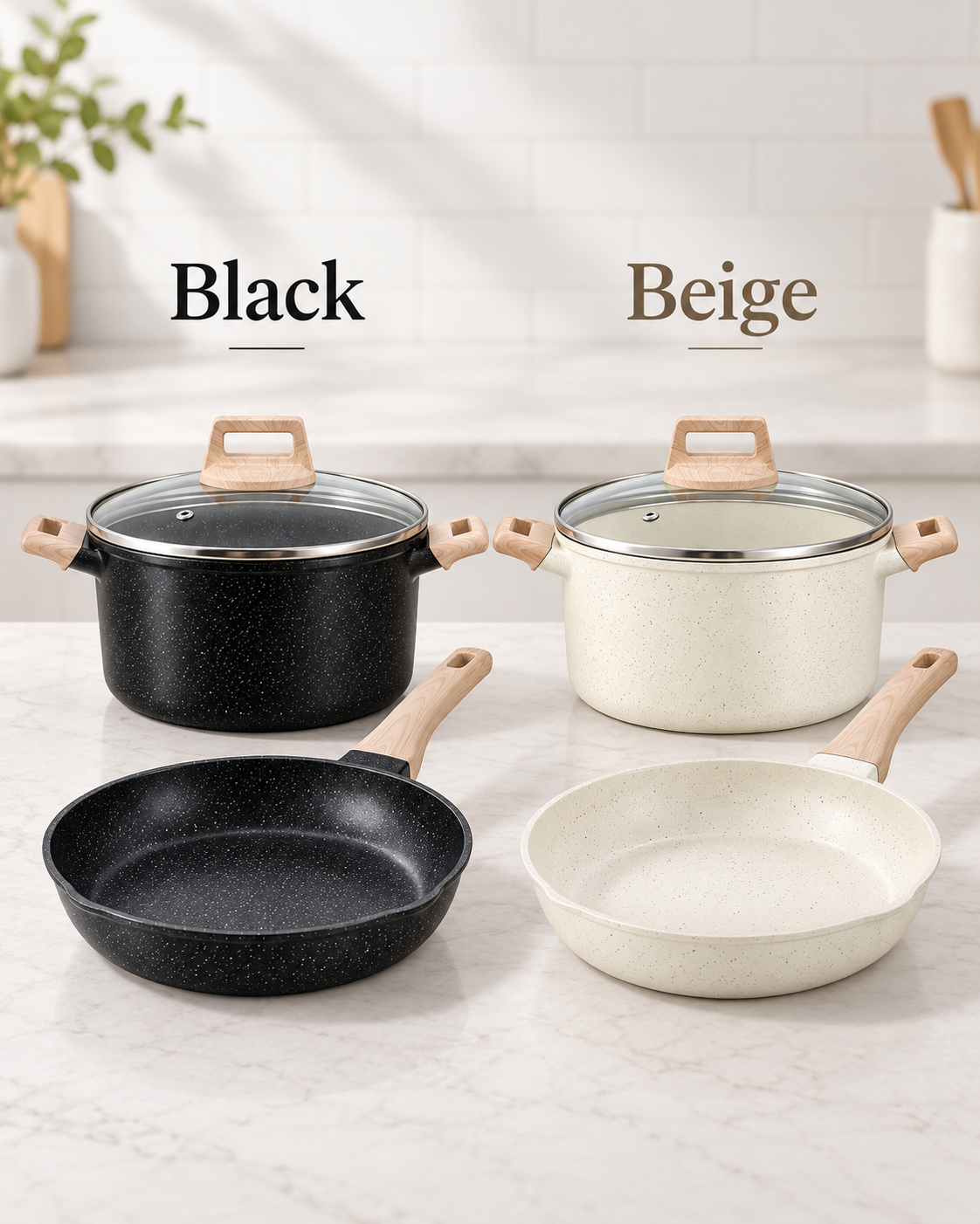 black and beige speckled cookware color comparison