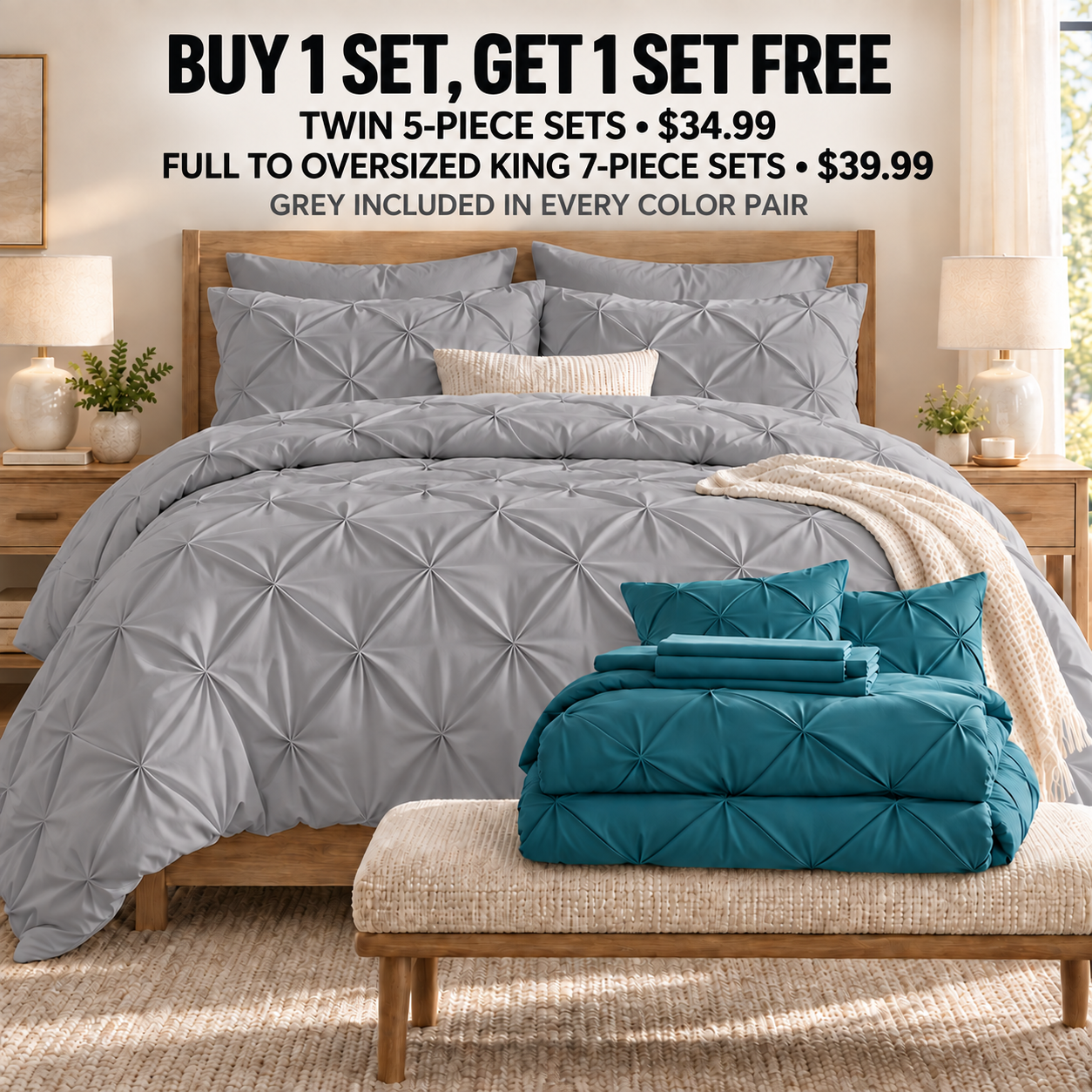 Buy one get one free pintuck bedding with Twin 5-piece sets for 34.99 USD and larger 7-piece sets for 39.99 USD