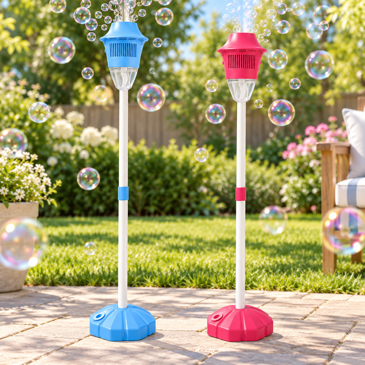 two standing bubble maker toys in blue and red outdoors