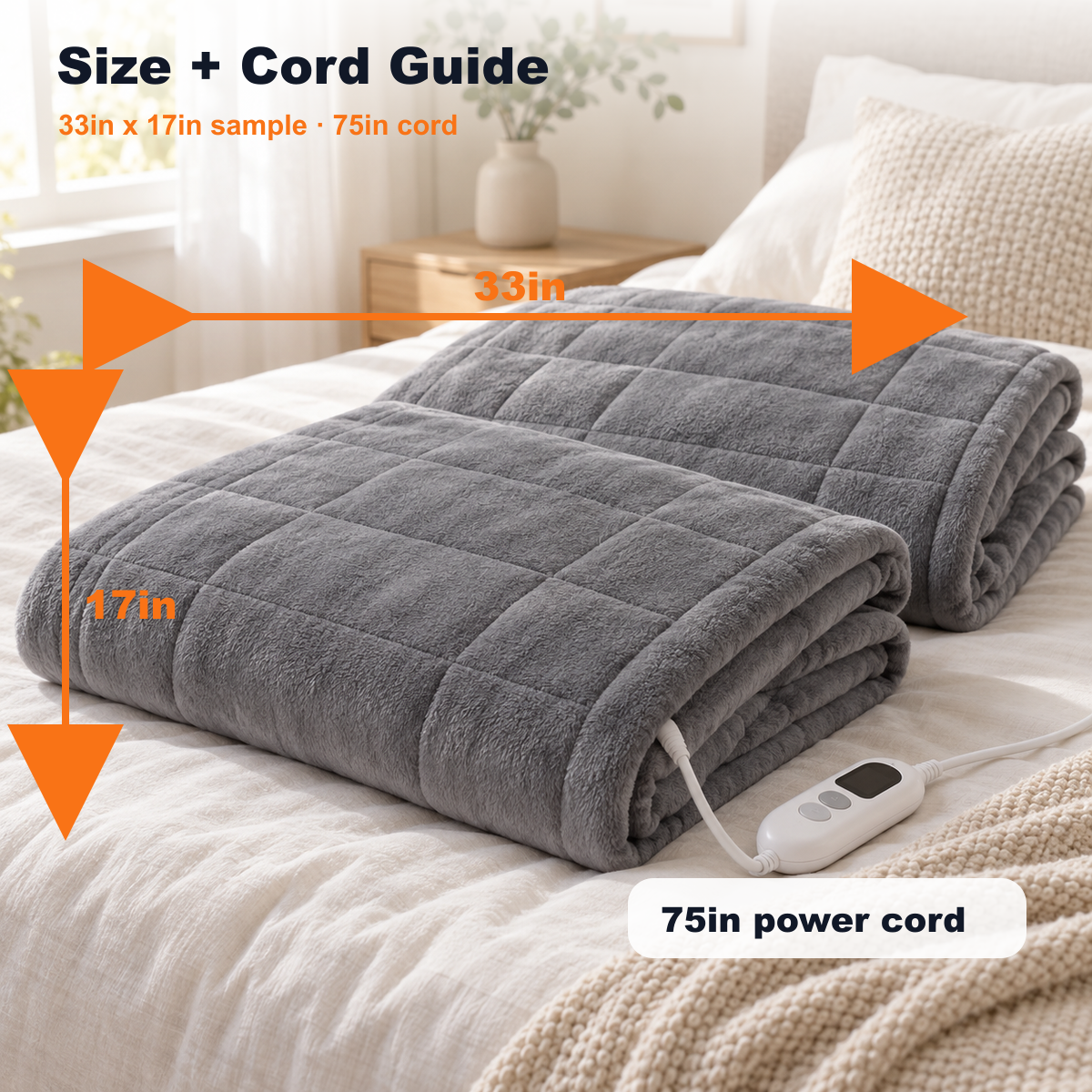 heating pad size and 75 inch cord guide