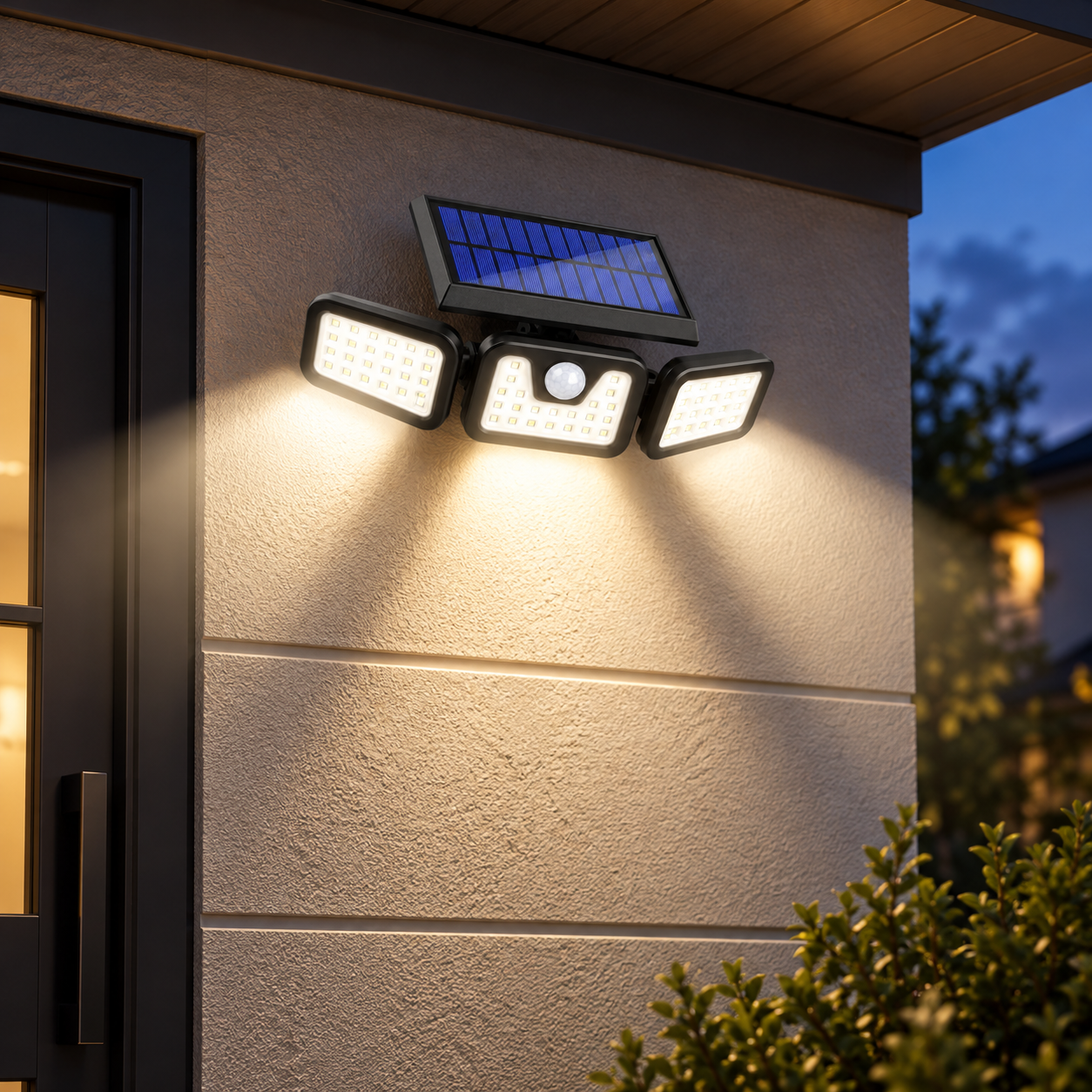 solar motion sensor wall light installed on exterior wall at dusk