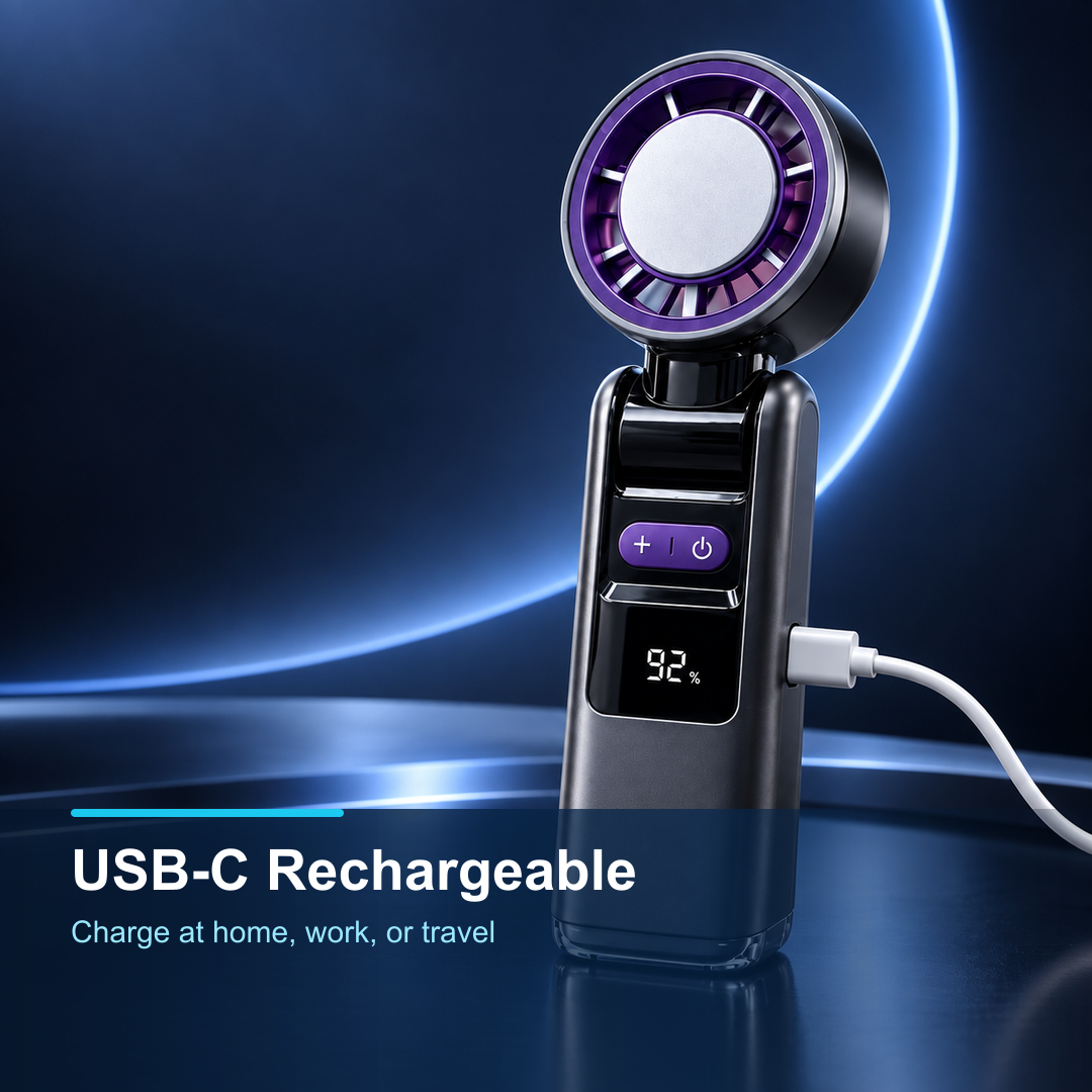 handheld cooling fan 4000 mAh battery Type C charging feature