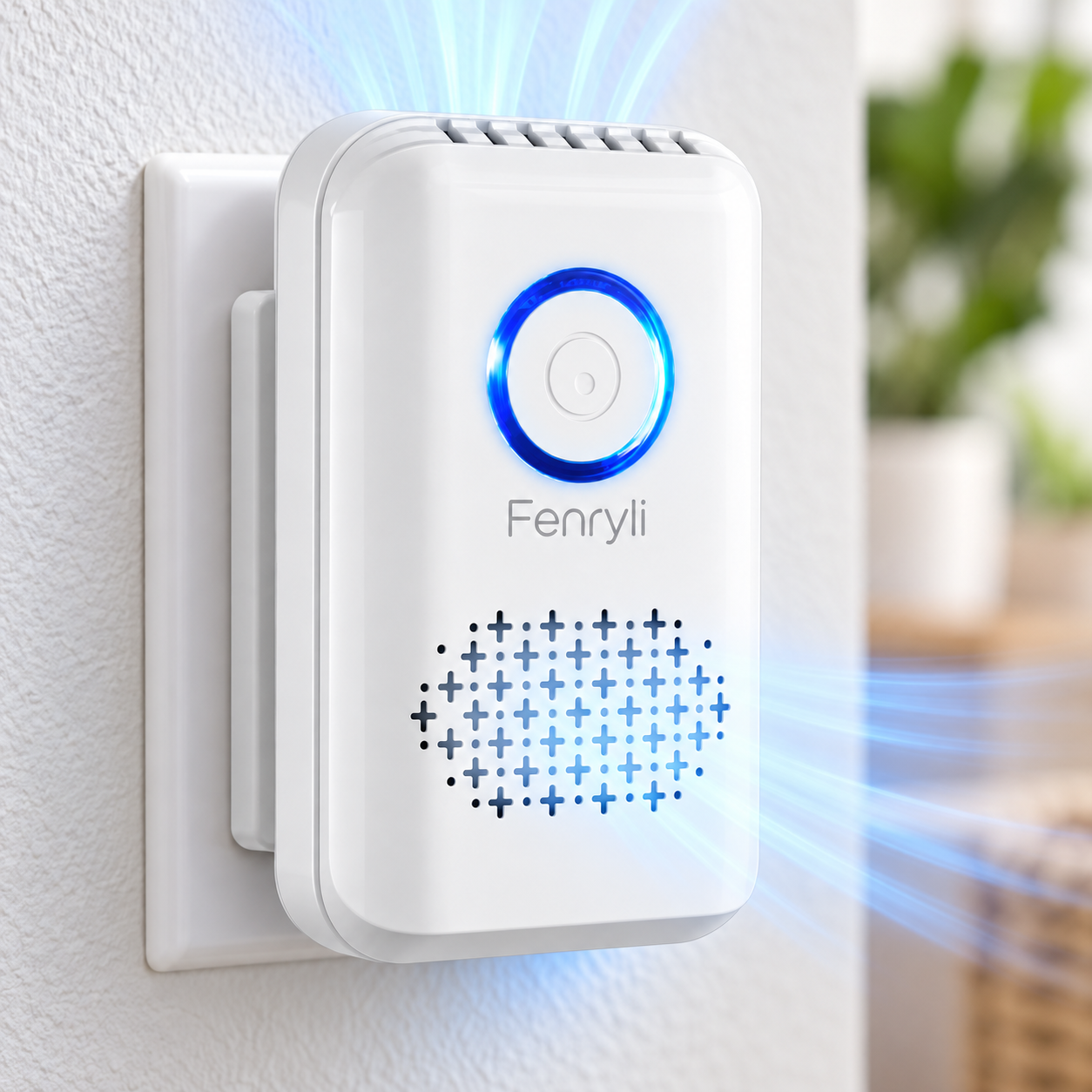 Fenryli plug in pet odor freshener closeup showing top vents blue ring and lower perforations