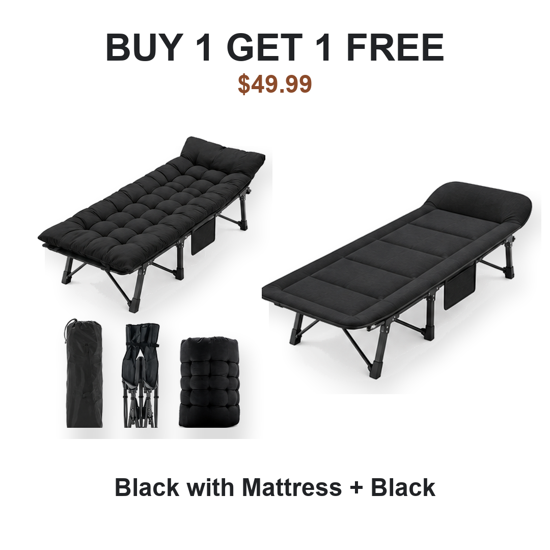 Buy one get one free camping cot pair: Cot #1 Black with Mattress, Cot #2 Black