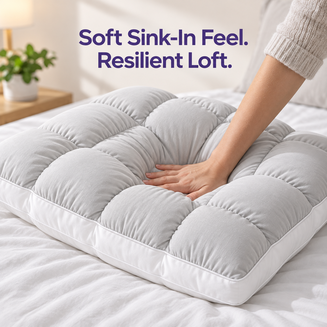 gray puff grid pillow compressed by hand to show resilient loft