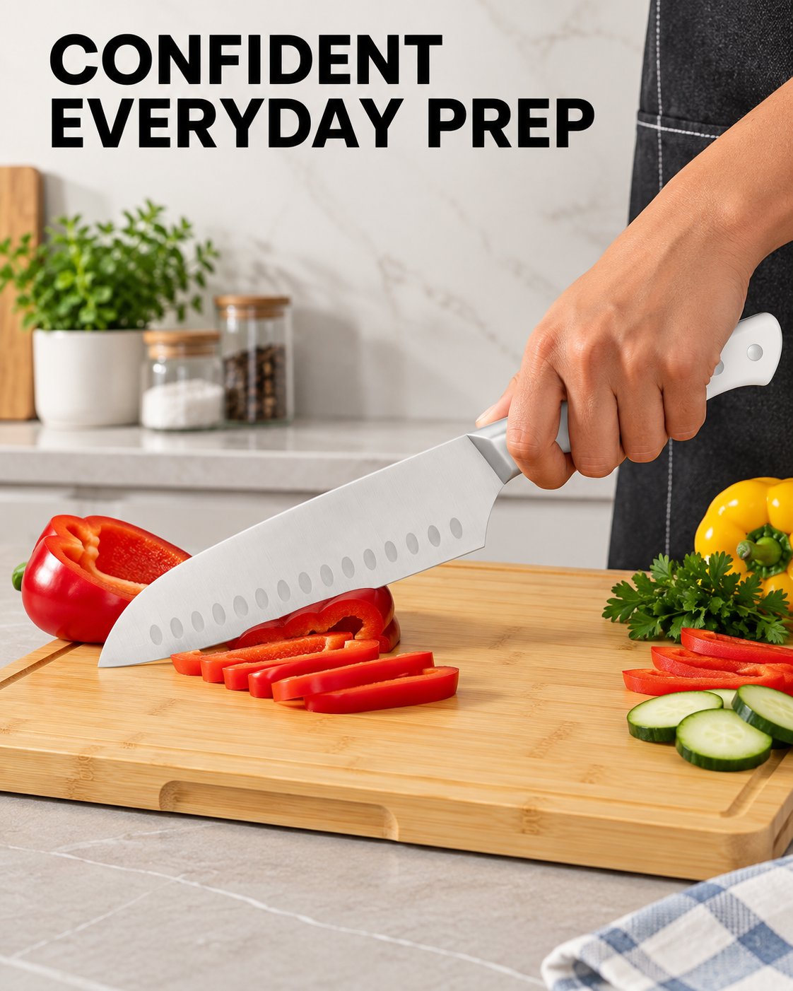 white handle santoku knife preparing vegetables on large bamboo board