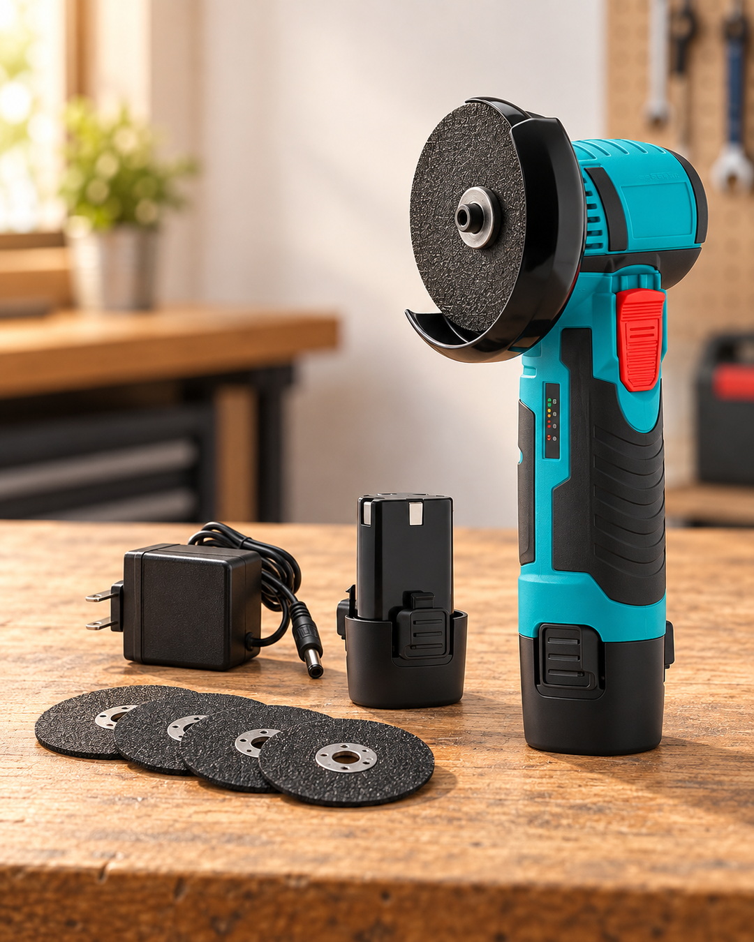 12V mini cordless angle grinder two battery workflow with charger discs and compact tool