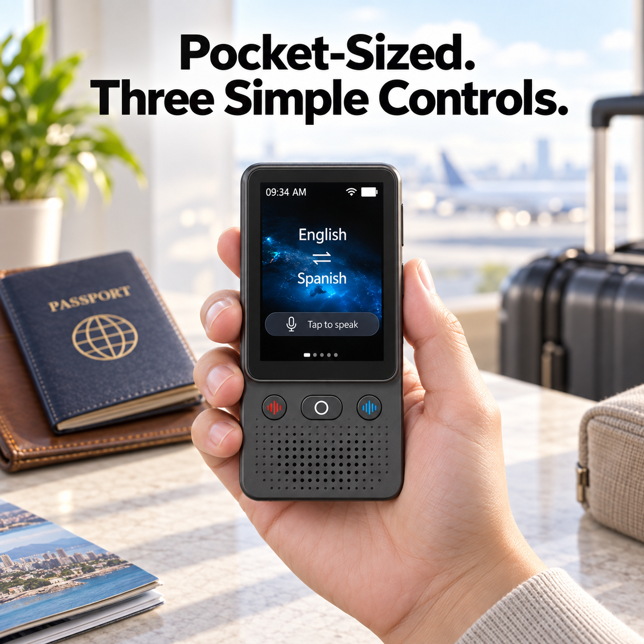 compact black translator held in one hand showing touchscreen and three physical controls
