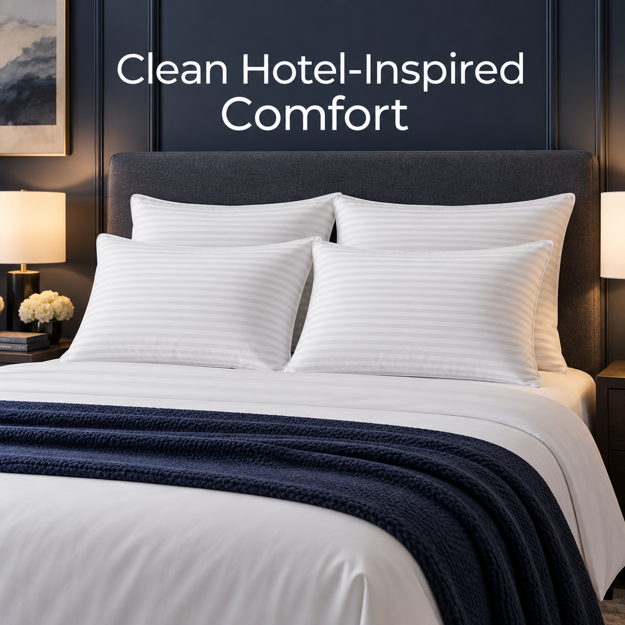 white striped Queen pillows styled on a hotel inspired bed