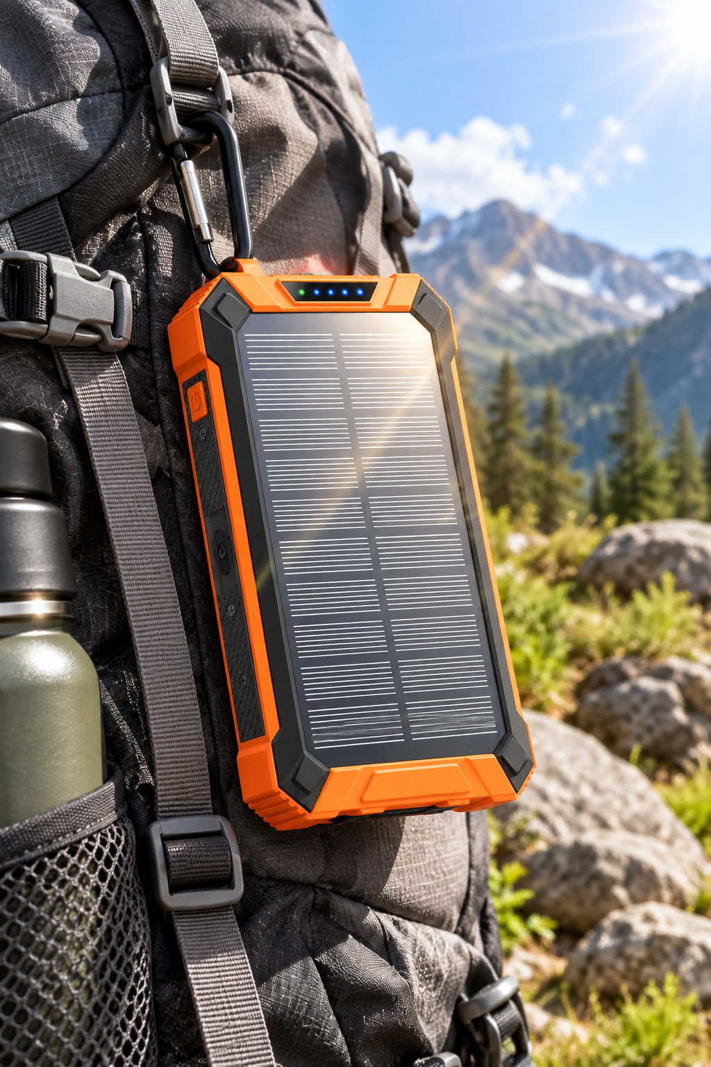 W22 solar power bank attached to backpack for outdoor solar top up