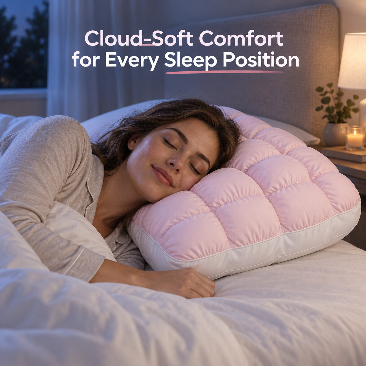 baby pink puff grid pillow used naturally in a calm bedroom