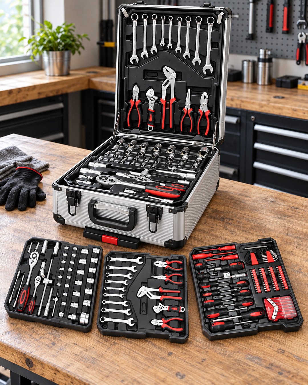 rolling mechanics tool kit tray breakdown showing wrenches sockets pliers screwdrivers gloves and accessories