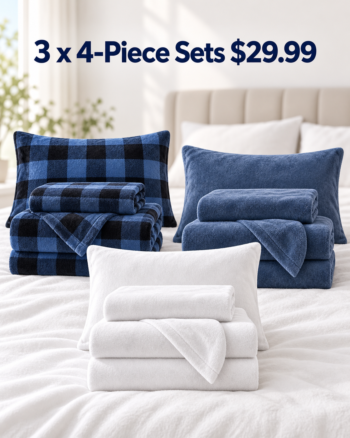 3 sets buffalo blue denim blue white 4 piece velvet plush flannel sheet bundle 29.99 USD