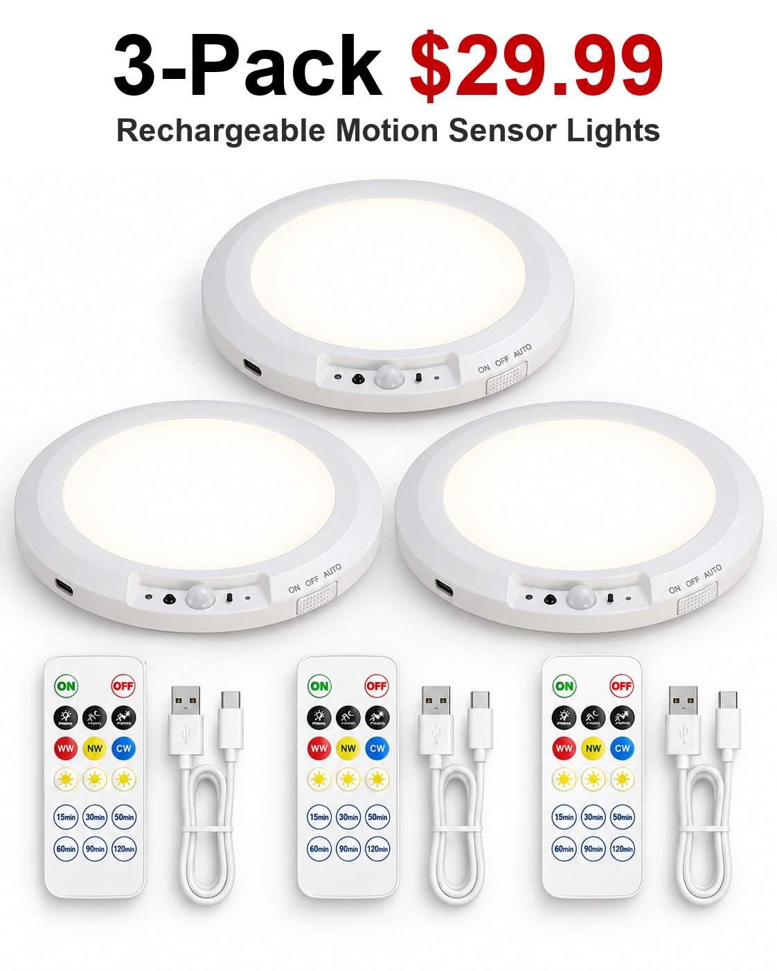 3 pack rechargeable motion sensor ceiling lights with remotes and USB C cables for 29.99 USD