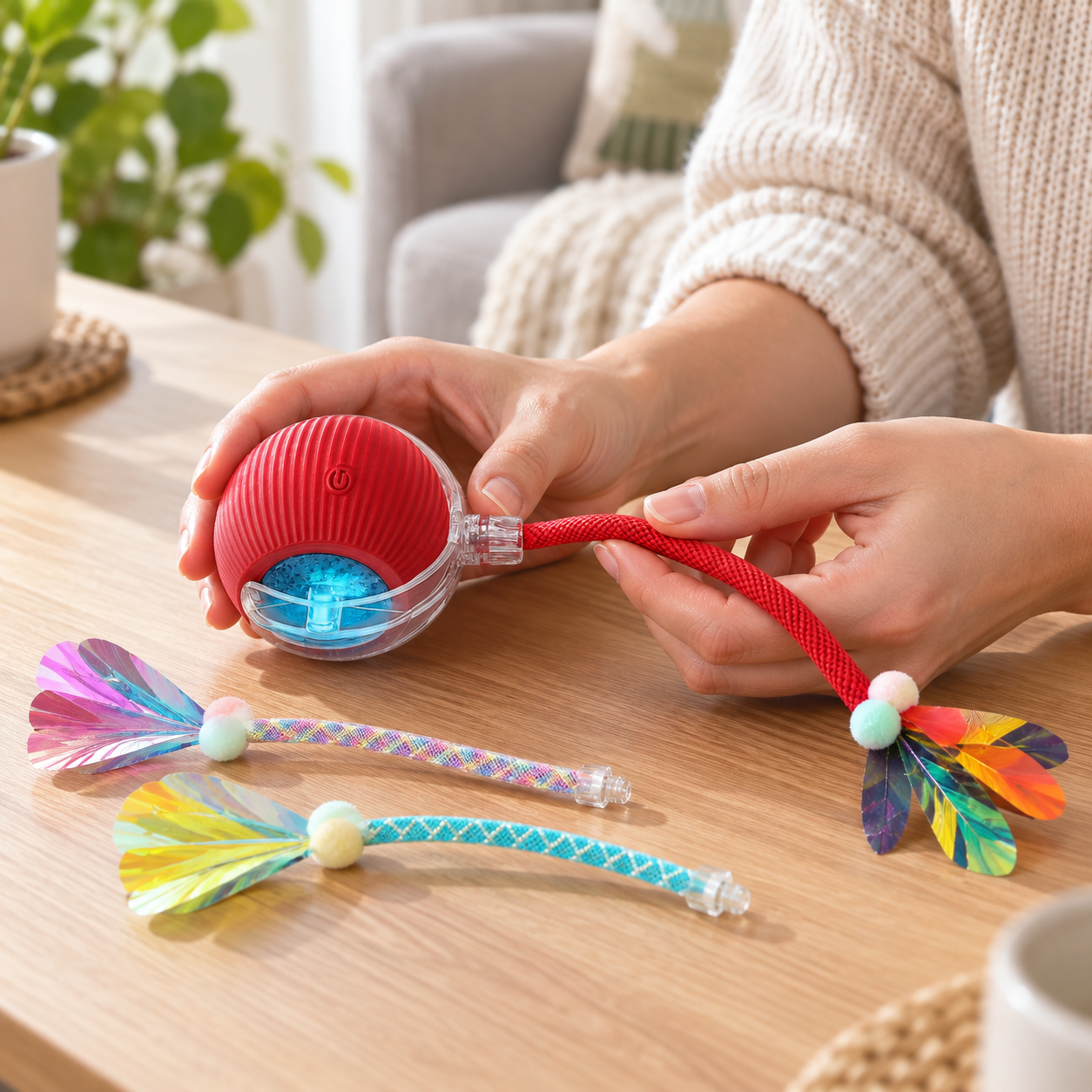 adult checking pet teaser tail connector before supervised play