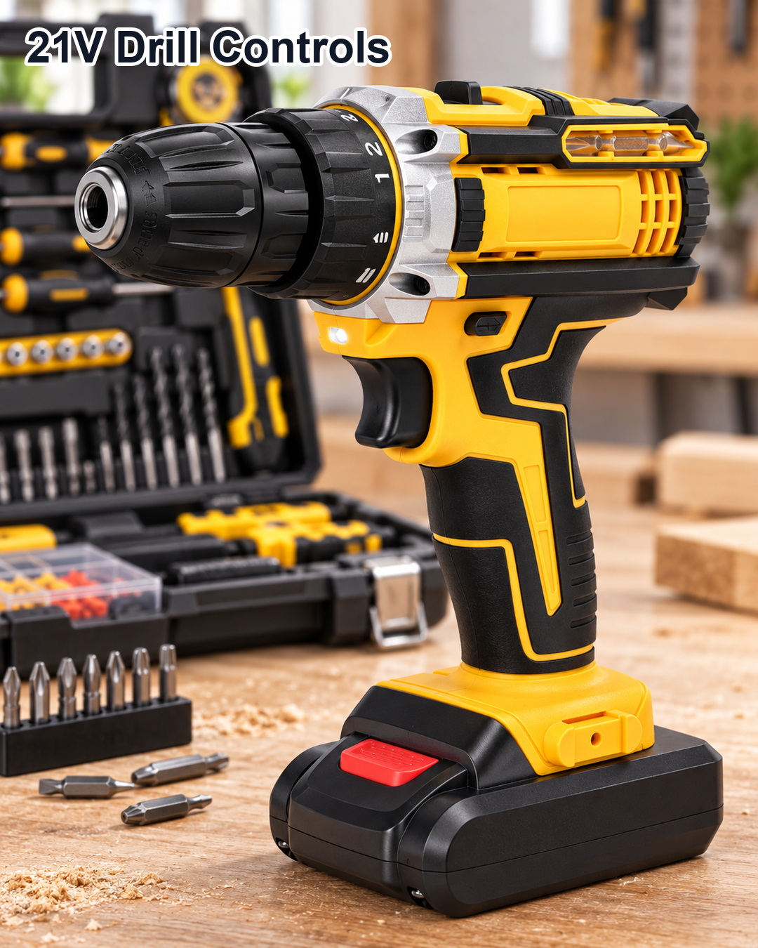 21V cordless drill controls showing torque ring keyless chuck LED light grip and battery base