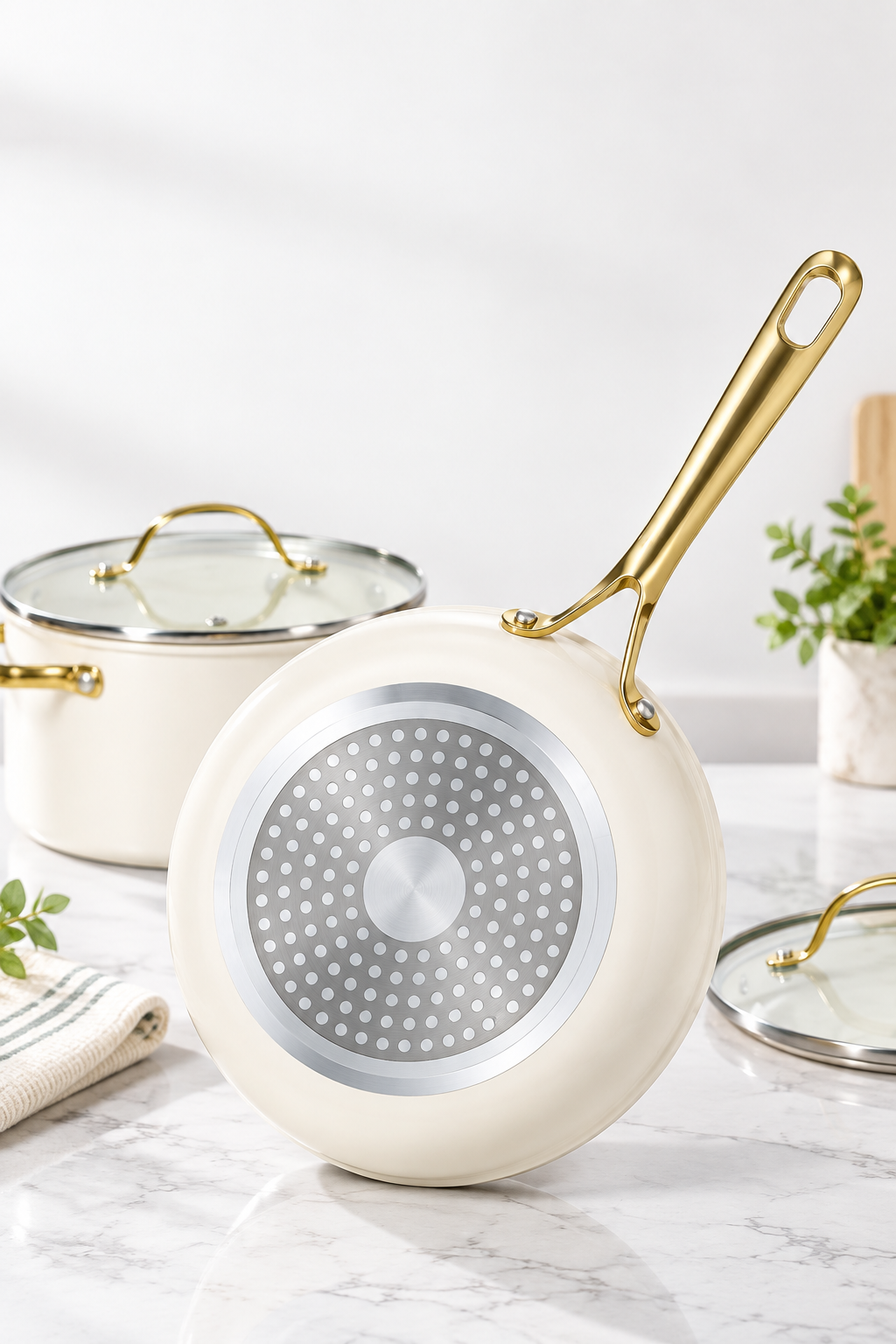silver circular induction pattern bottom on cream ceramic frying pan
