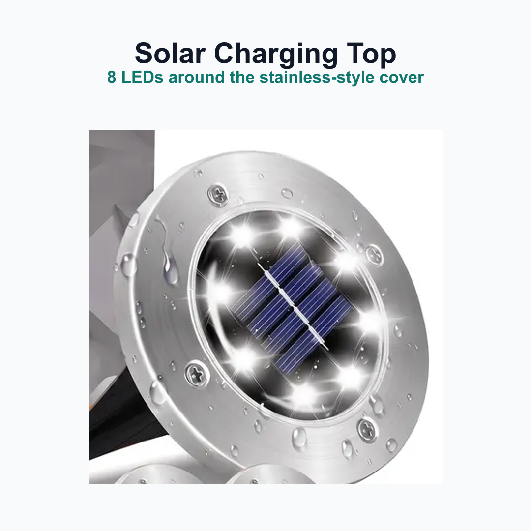 round solar panel and LED top on solar ground light