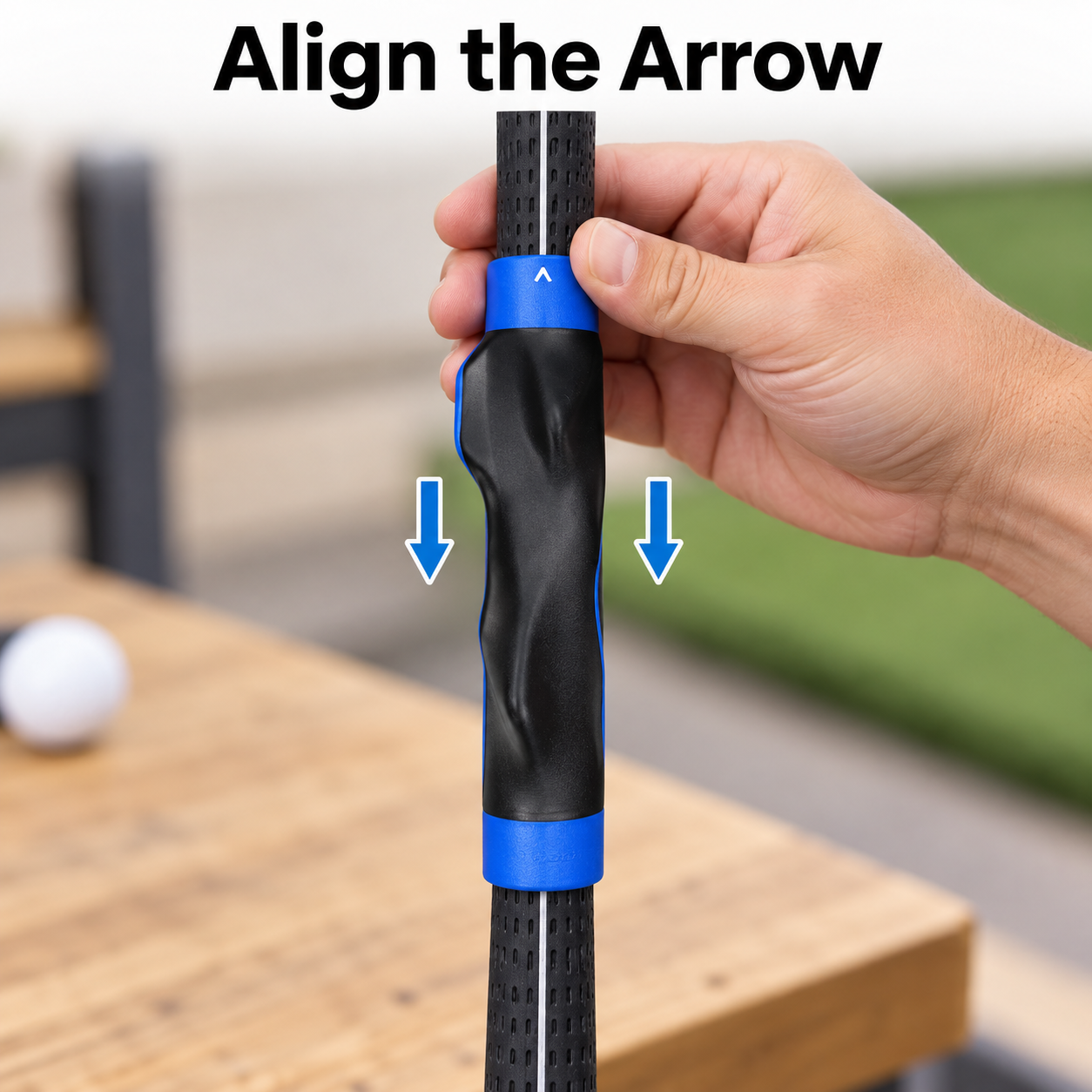 aligning the direction arrow while installing a golf grip trainer
