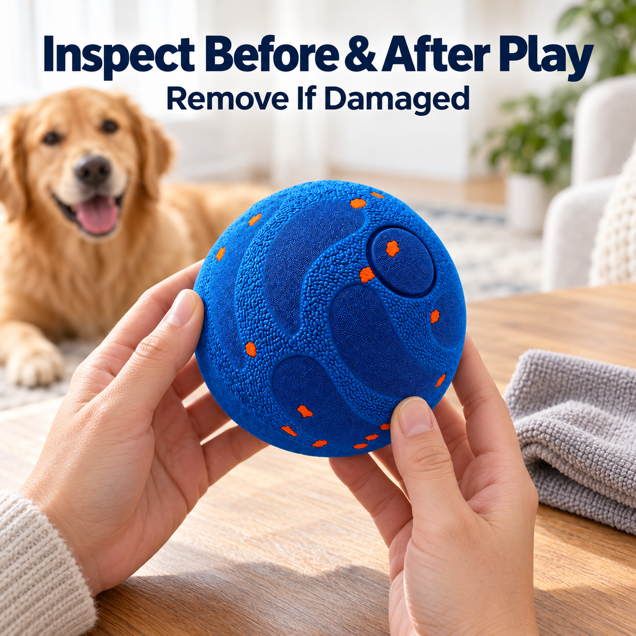 owner inspecting blue interactive dog ball before and after supervised play