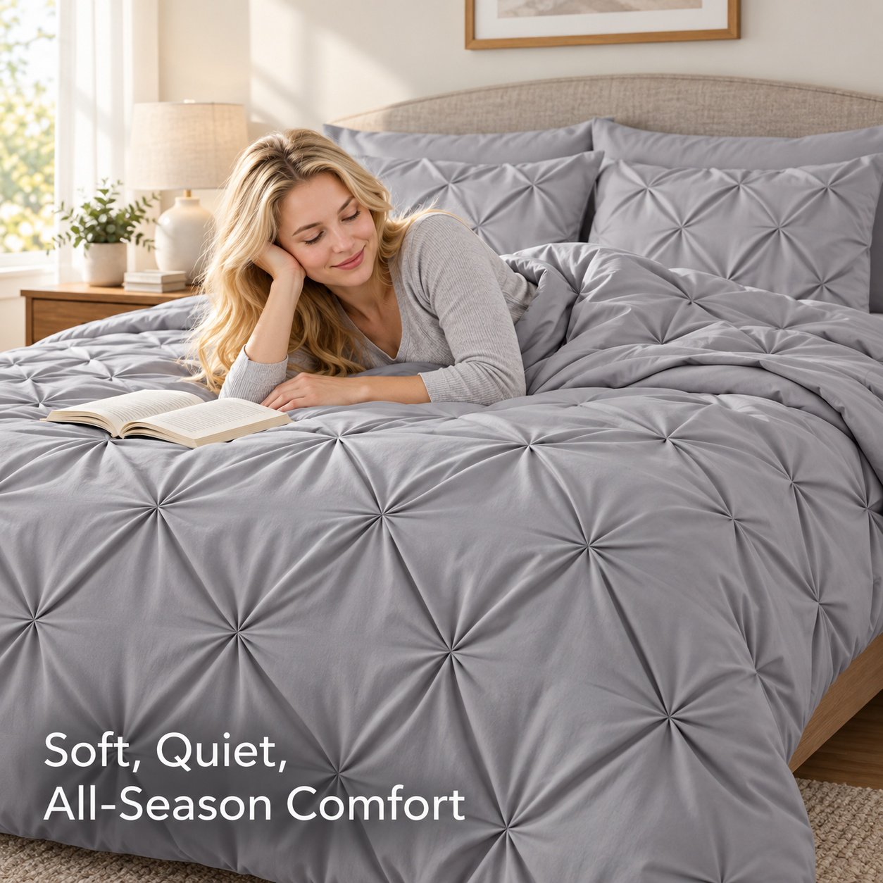 soft quiet all season pintuck comforter set in a restful bedroom