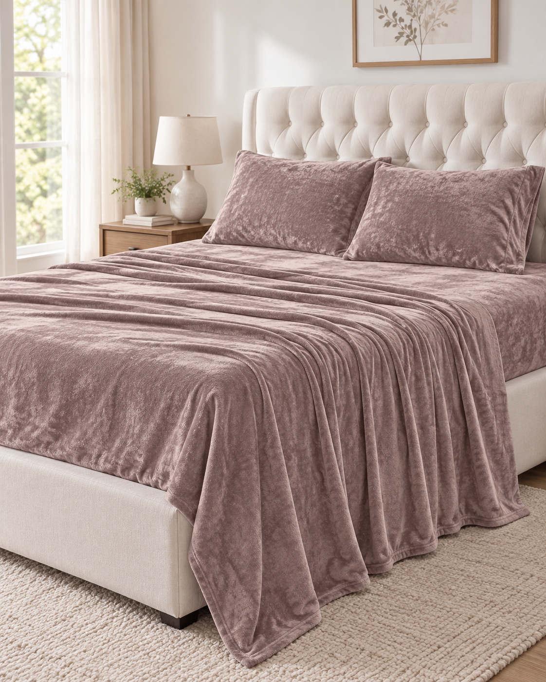 taupe velvet plush flannel sheet set dressed on a bed