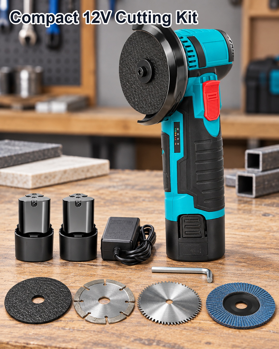 12V mini cordless angle grinder detail showing upright body guard battery indicator compact handle and 19500 RPM reference