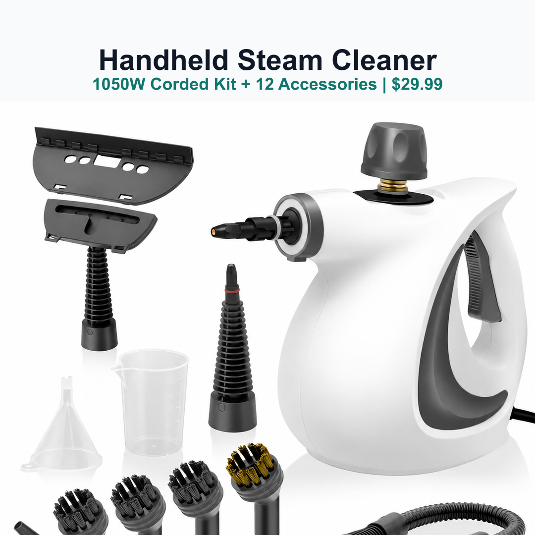 handheld steam cleaner with 12 accessories on white background