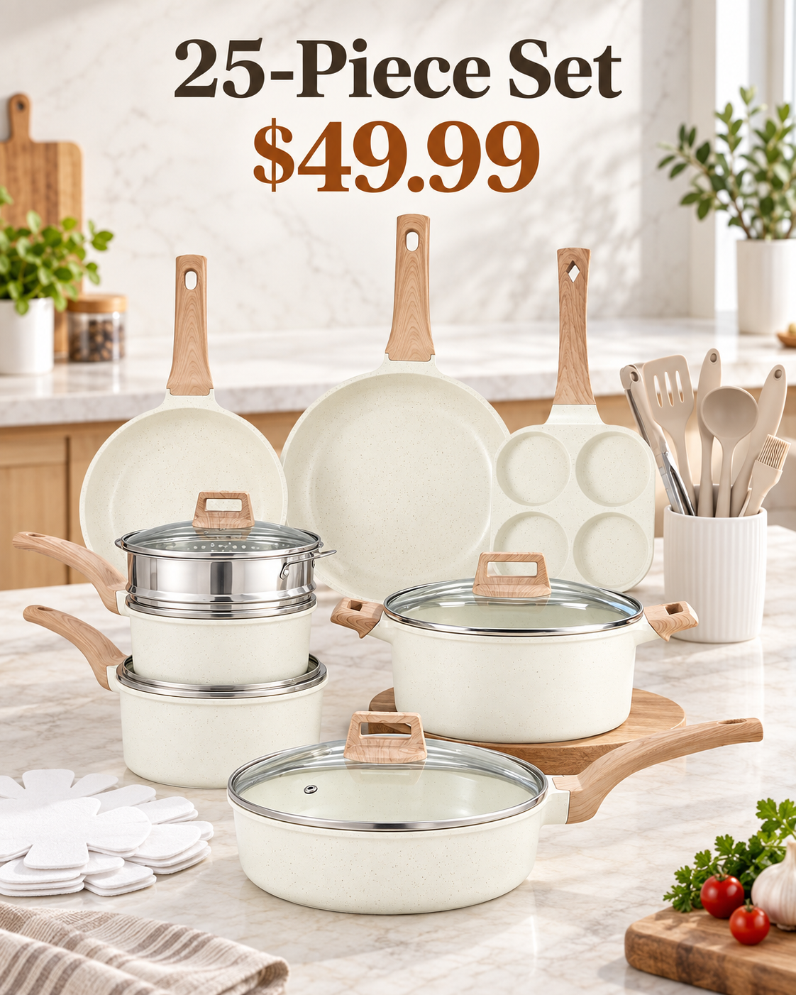 beige 25 piece ceramic granite cookware set for 49.99 USD