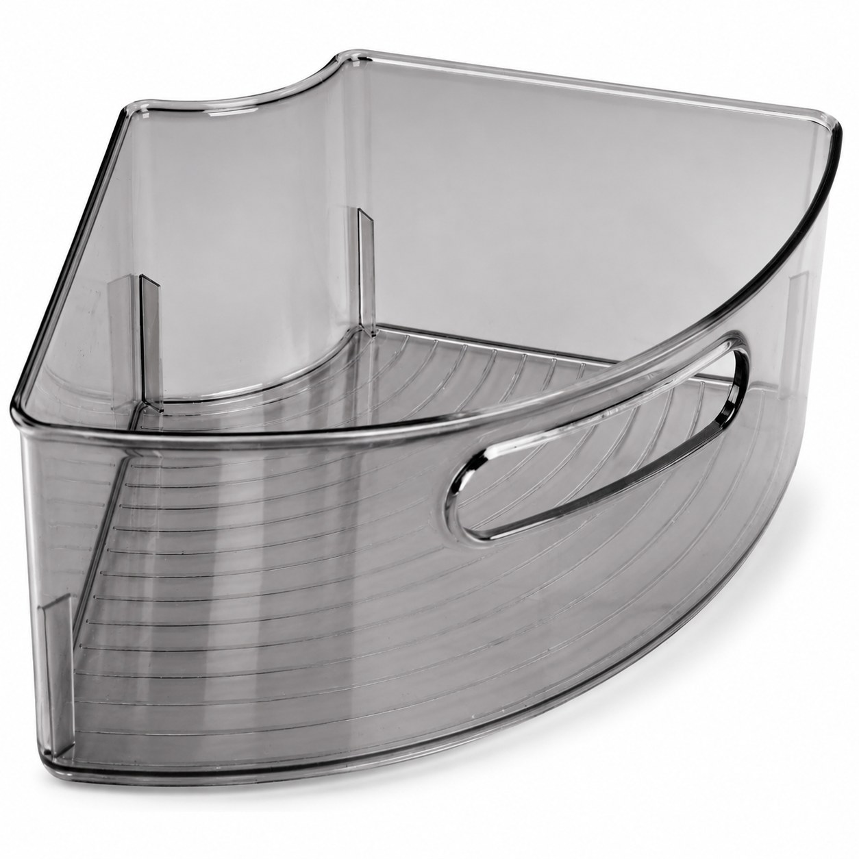 Smoke gray curved Lazy Susan storage bin with front handle