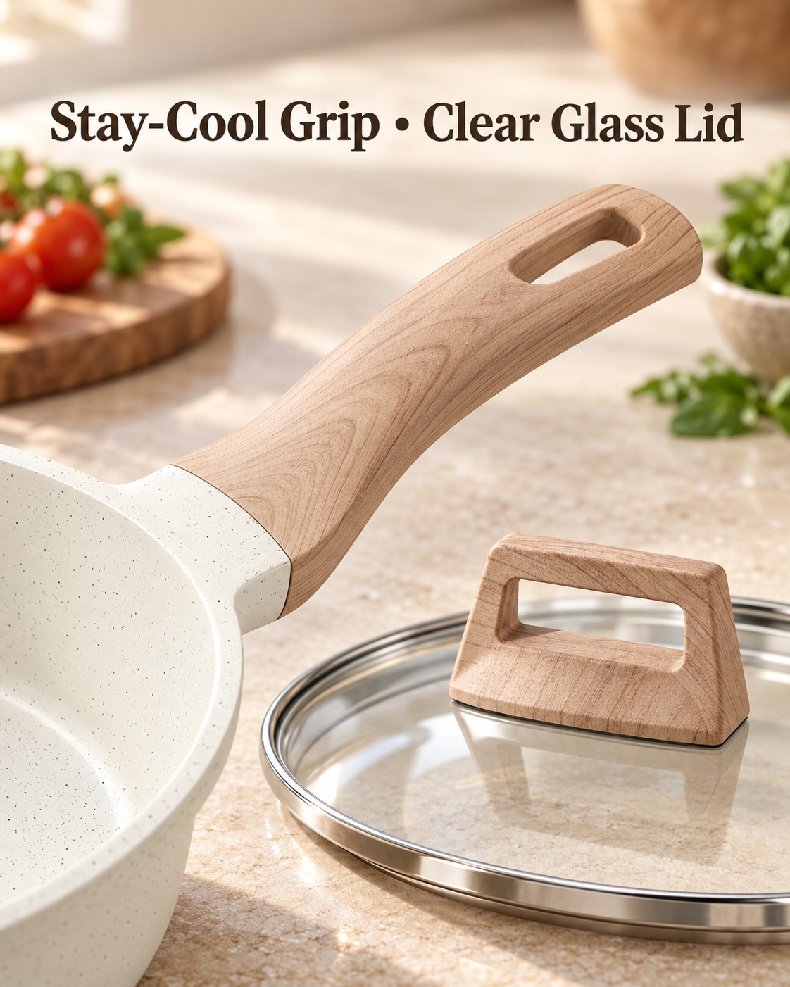 pale woodgrain look cookware handle and clear glass lid with rectangular grip