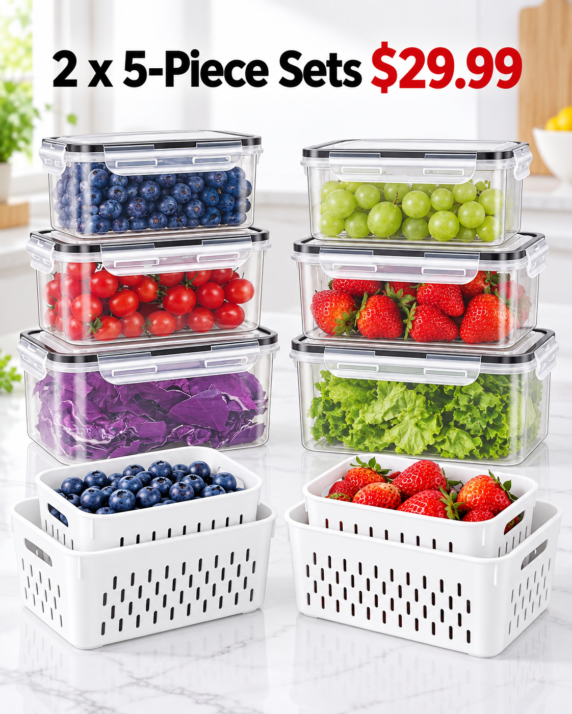 2 complete 5 piece fridge organizer container sets 29.99 USD