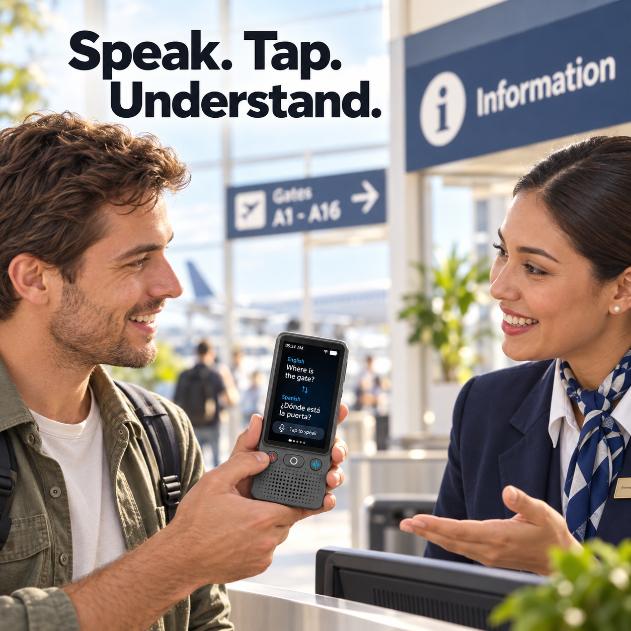 traveler using handheld translator during an airport conversation