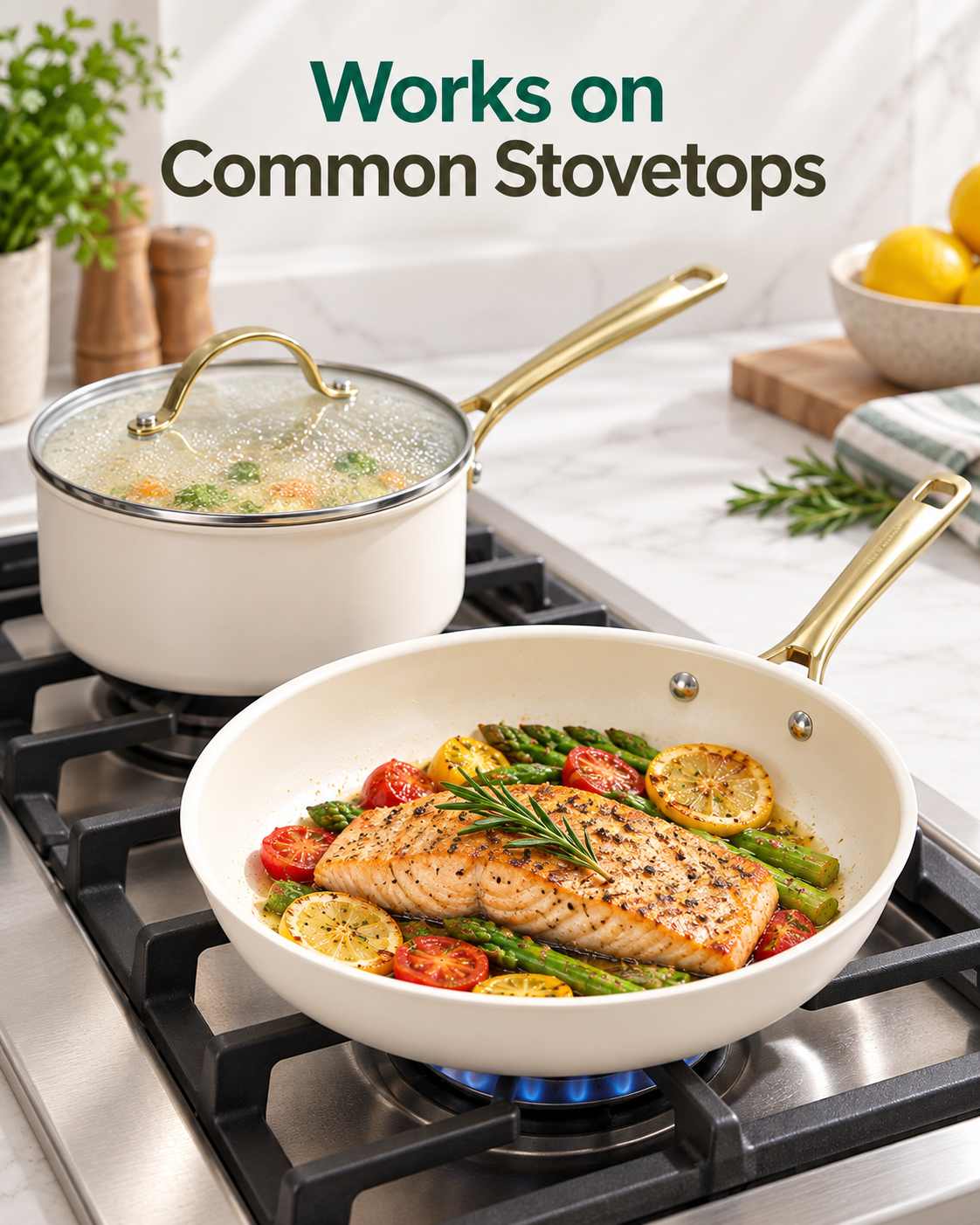 cream ceramic nonstick cookware on common stovetop cooking surfaces