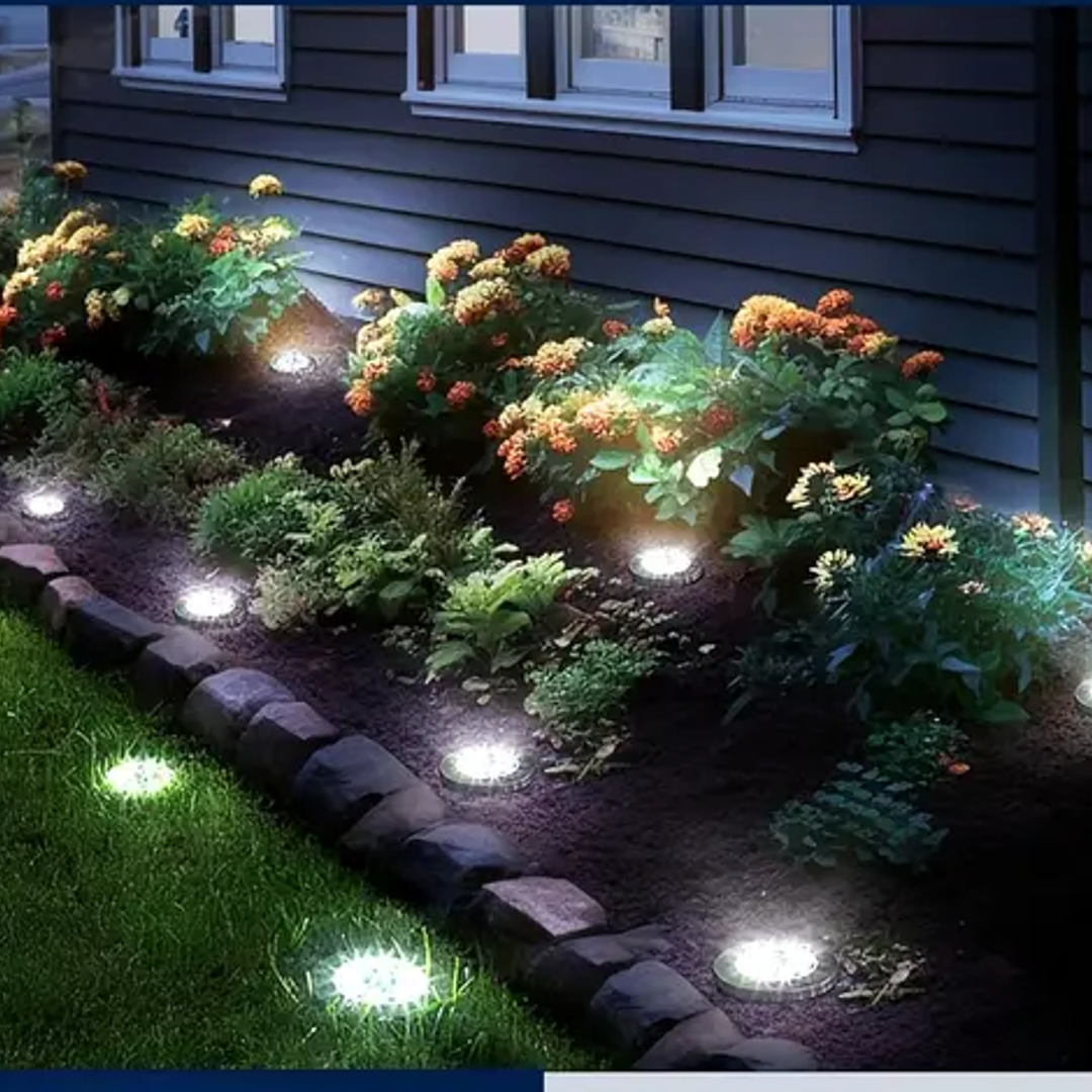 solar ground lights illuminating garden edge landscaping
