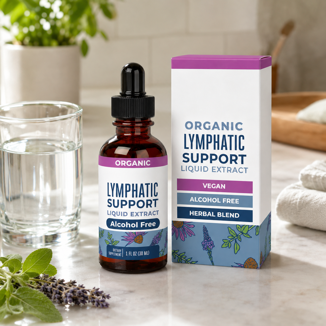 organic lymphatic support liquid extract beside water glass