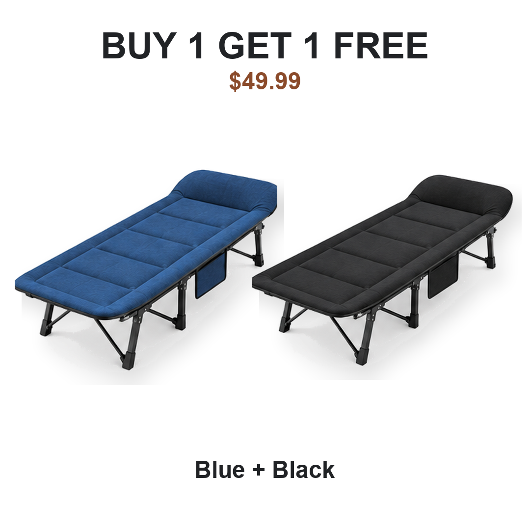 Buy one get one free camping cot pair: Cot #1 Blue, Cot #2 Black