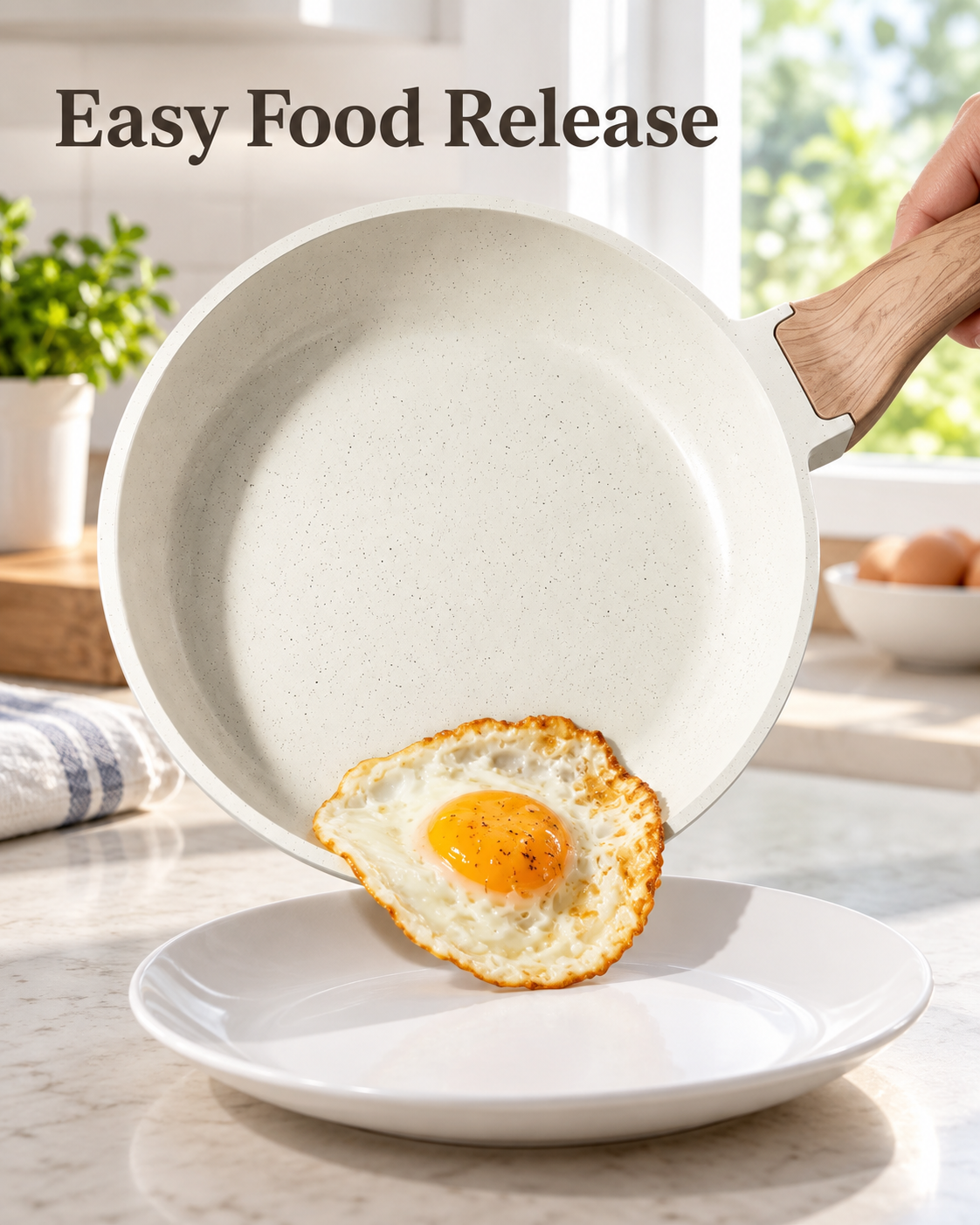 fried egg releasing from beige speckled ceramic granite frying pan