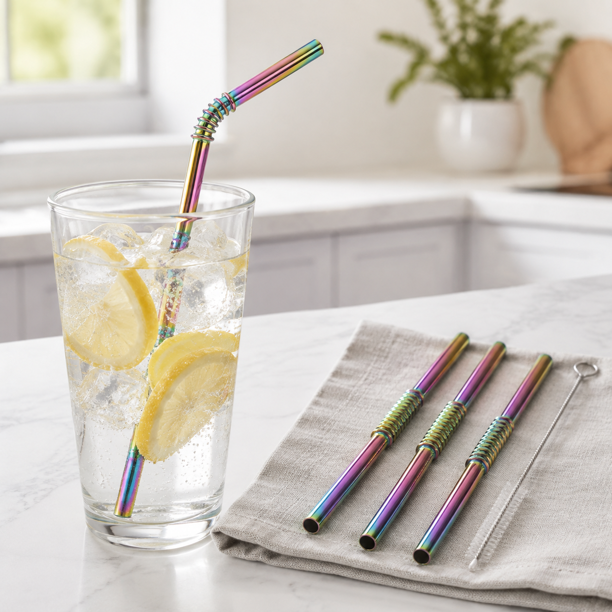 rainbow bendable stainless steel straw in iced lemon drink with extra straws nearby