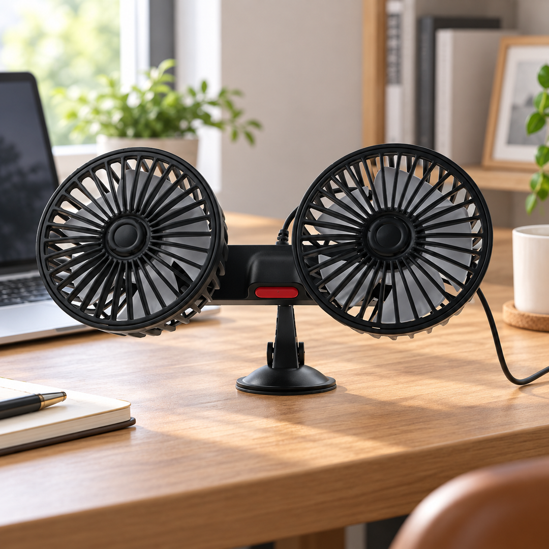 car fan with desktop base shown on flat surface