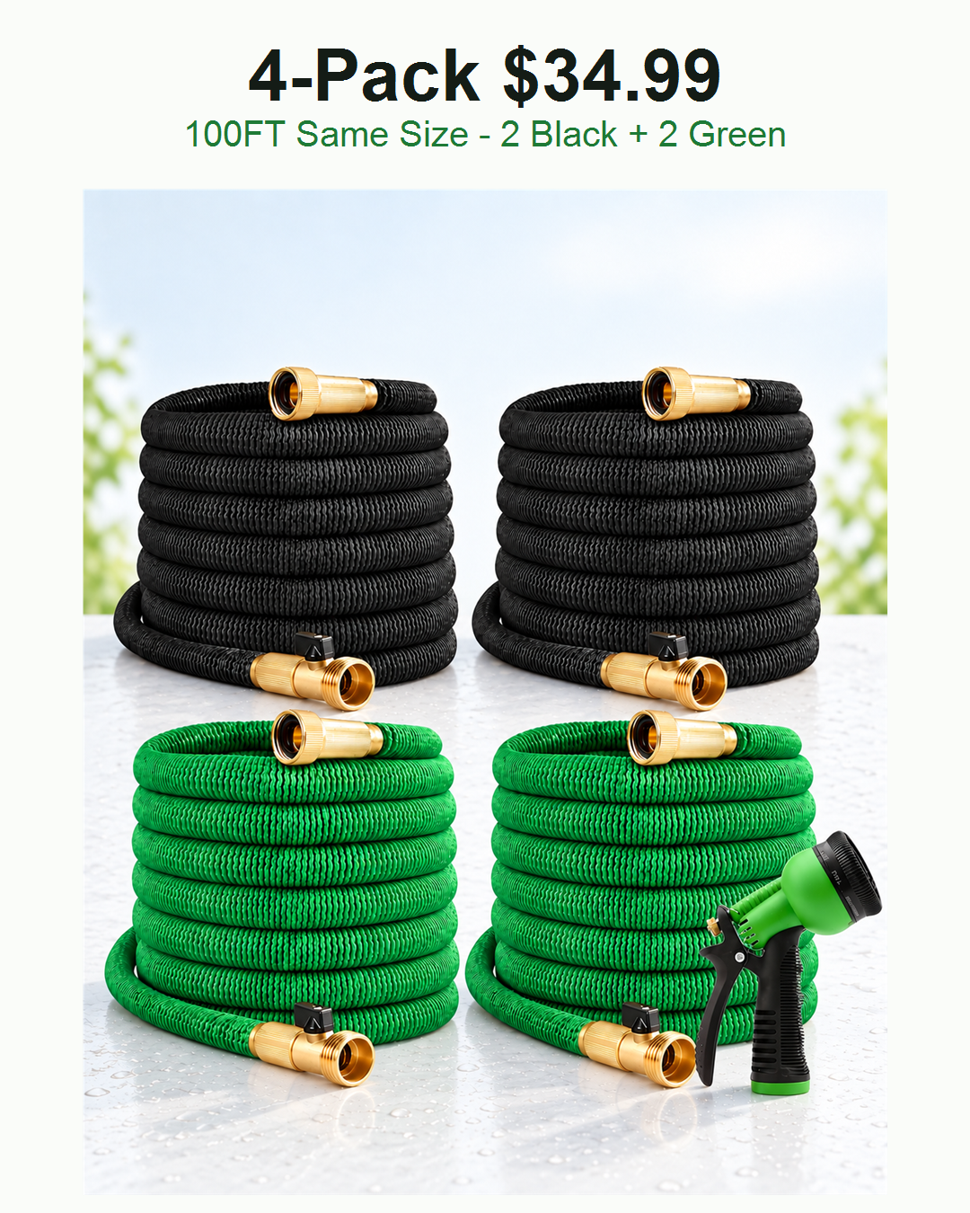 4 pack 100FT expandable garden hoses two black two green 34.99 USD