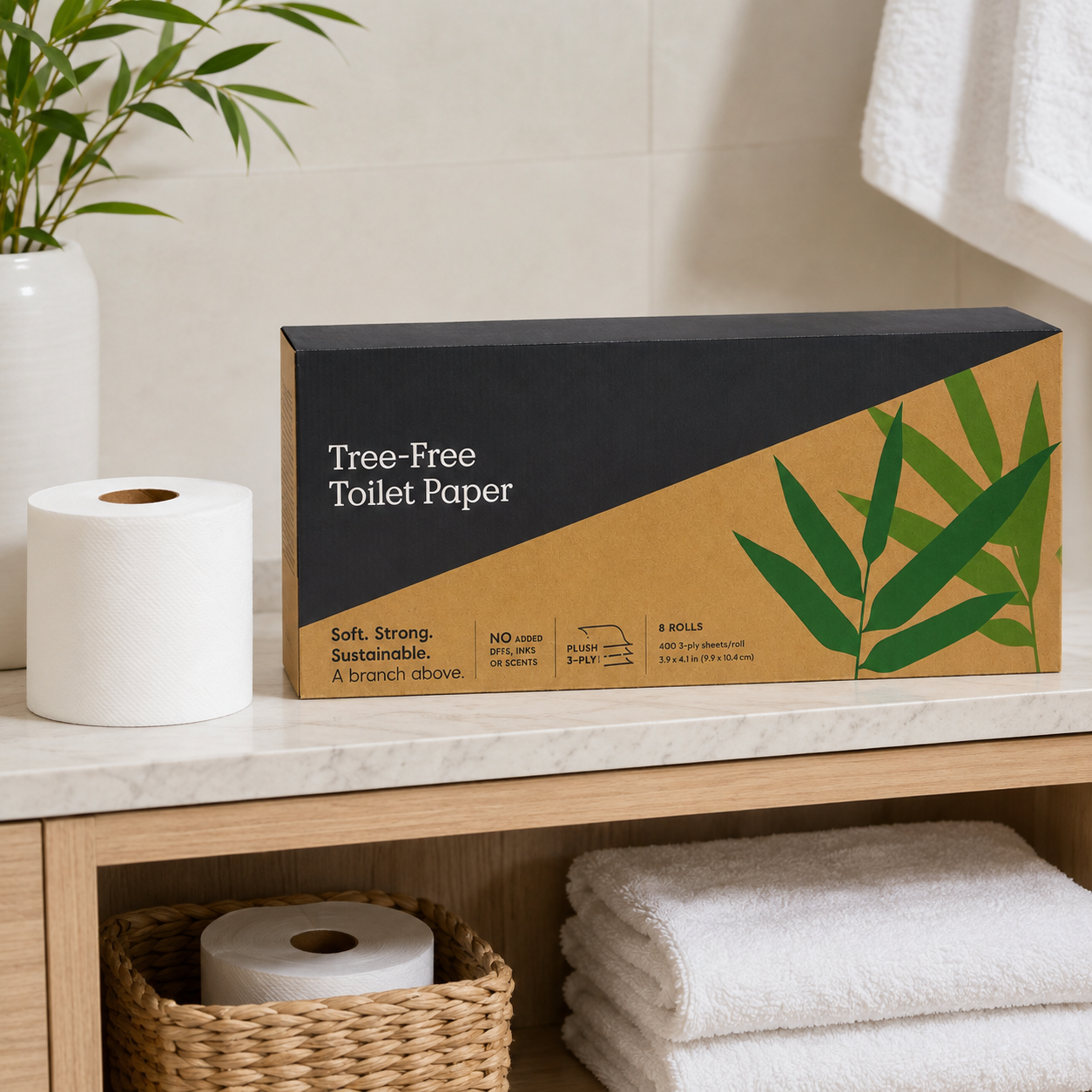 bamboo toilet paper box and rolls on bathroom shelf