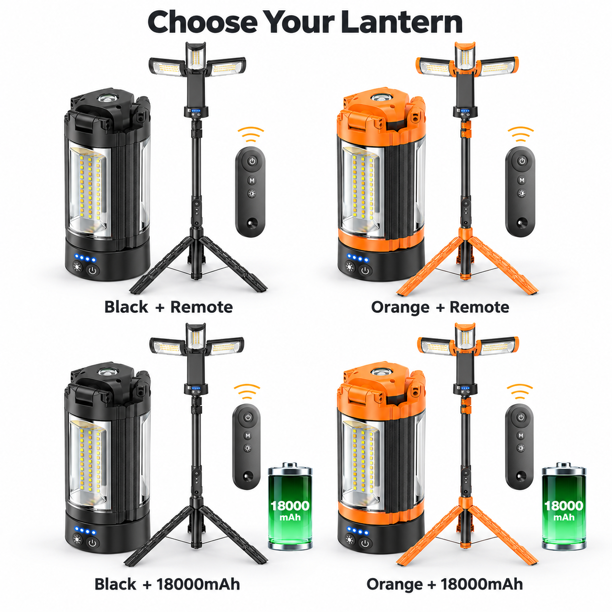 four available camping lantern options Black Remote Orange Remote Black 18000mAh Remote and Orange 18000mAh Remote