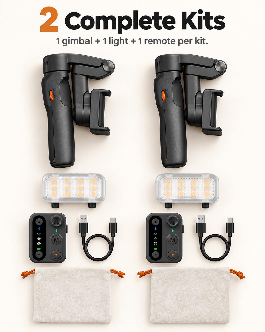 two complete smartphone gimbal kits with one light and one remote per kit