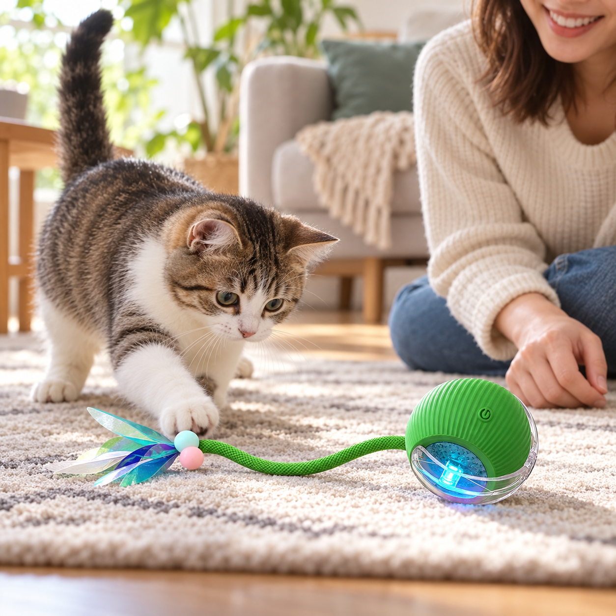 cat playing with teaser toy during supervised indoor play