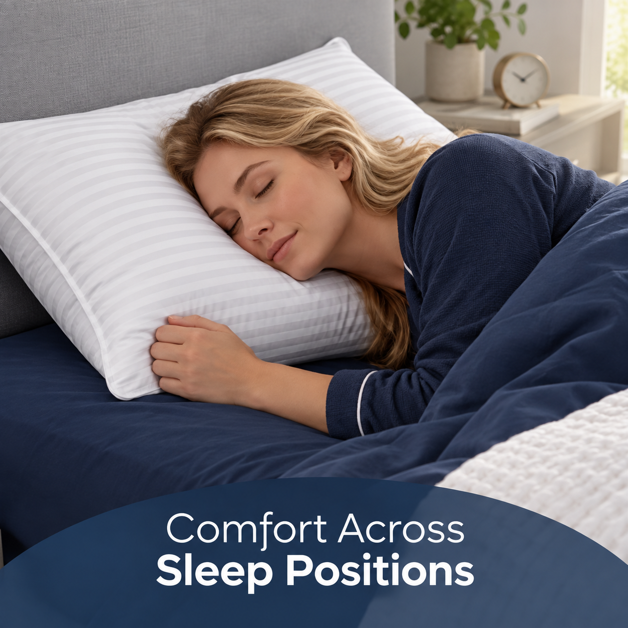 side sleeper resting on a white striped Queen pillow