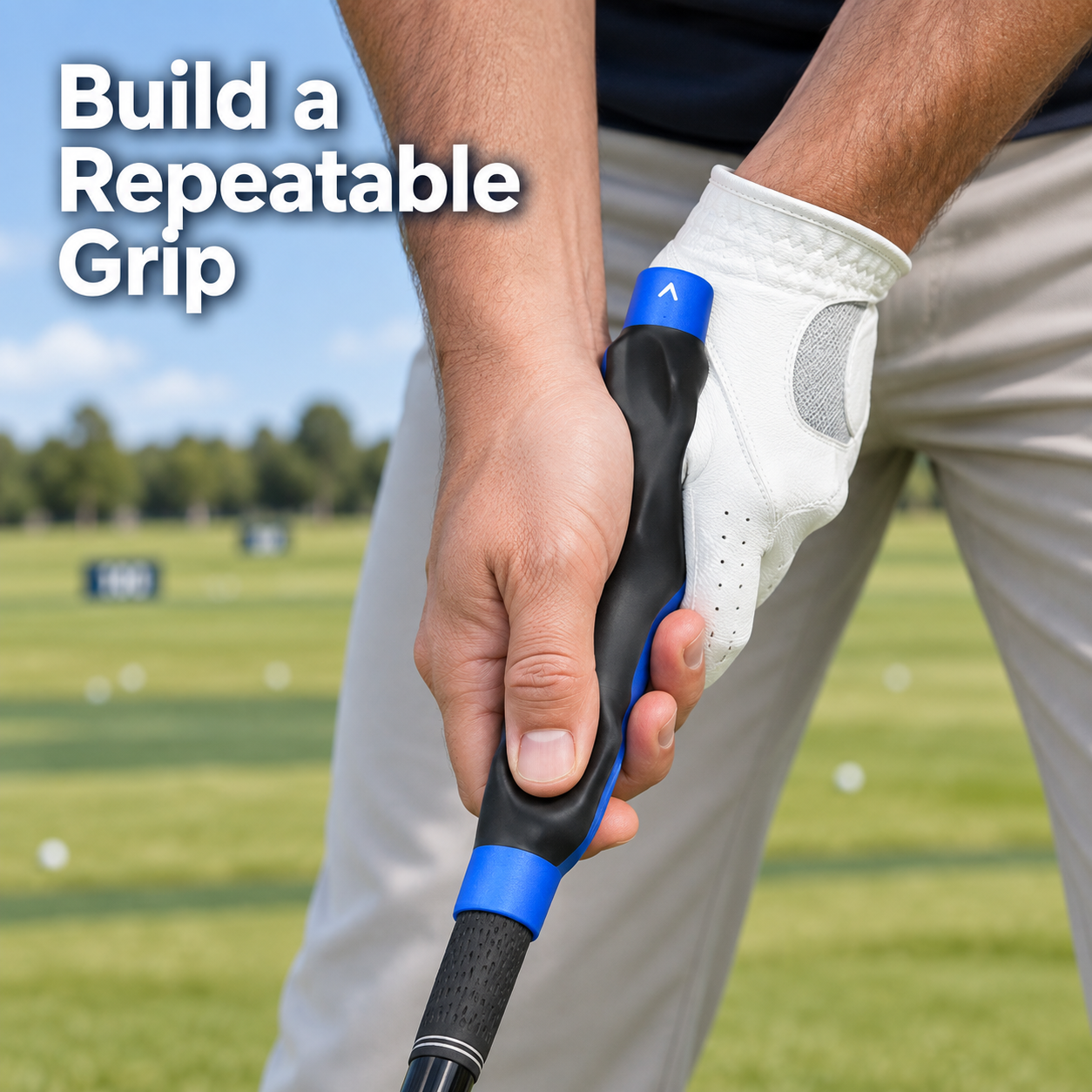golfer practicing repeatable hand placement with a molded golf grip trainer