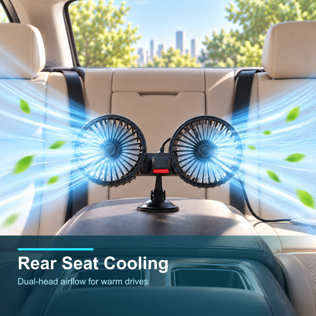 dual head car fan for rear seat passenger airflow
