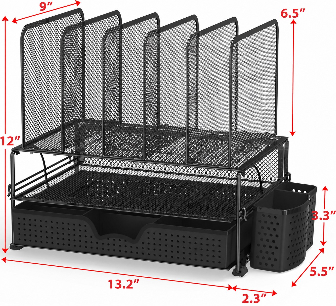 Desktop organizer dimensions showing file slots trays drawer and pen holder